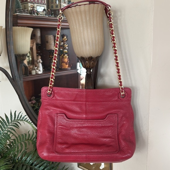 Tory Burch Genuine Leather Red Saddle Bag Gold Tone Chain Woven Shoulder Purse - Picture 8 of 16